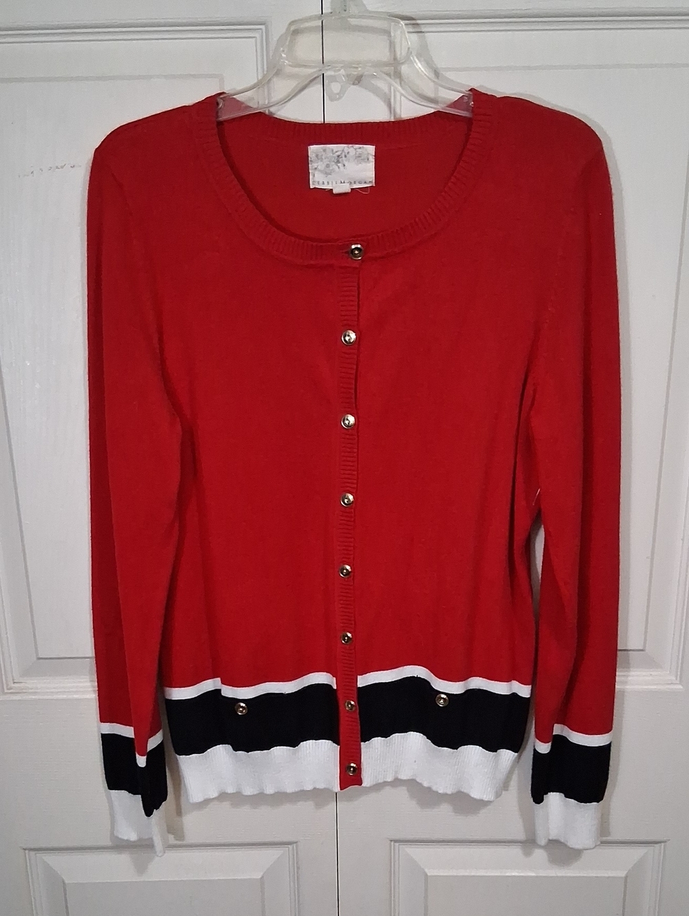 Debbie Morgan Red Button-Up Cardigan - Black White Trim - L